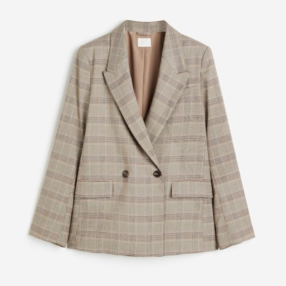 H&M Tan Plaid Double Breasted Blazer Brown‎ Academia S